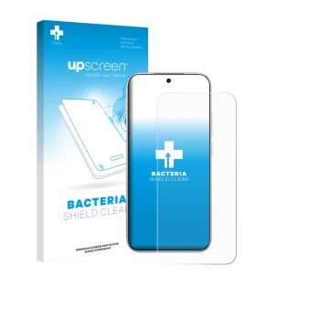 Parte frontal de un envase de producto con el logotipo de la marca upscreen. Al lado se muestra el dispositivo Xiaomi Poco F8 
