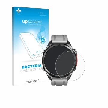Parte frontal de un envase de producto con el logotipo de la marca upscreen. Al lado se muestra el dispositivo Doogee Anywise 