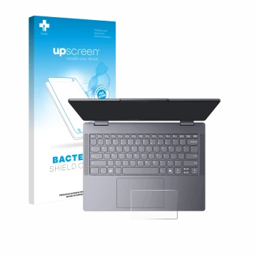 Parte frontal de un envase de producto con el logotipo de la marca upscreen. Al lado se muestra el dispositivo Lenovo IdeaPad 