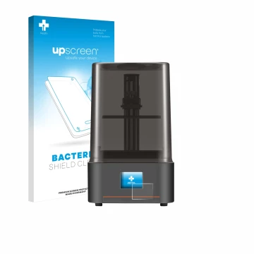 Parte frontal de un envase de producto con el logotipo de la marca upscreen. Al lado se muestra el dispositivo Anycubic Photon