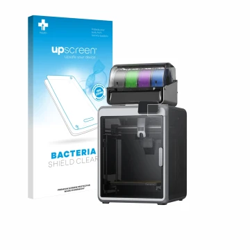 Parte frontal de un envase de producto con el logotipo de la marca upscreen. Al lado se muestra el dispositivo Creality K2 con