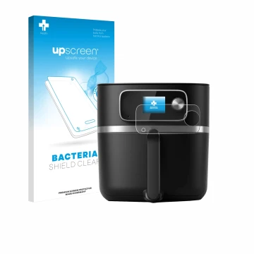 Parte frontal de un envase de producto con el logotipo de la marca upscreen. Al lado se muestra el dispositivo Philips Airfrye