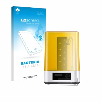 Parte frontal de un envase de producto con el logotipo de la marca upscreen. Al lado se muestra el dispositivo Anycubic Wash &