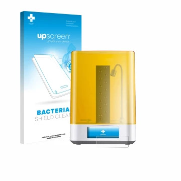 Parte frontal de un envase de producto con el logotipo de la marca upscreen. Al lado se muestra el dispositivo Anycubic Wash &