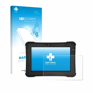 Parte frontal de un envase de producto con el logotipo de la marca upscreen. Al lado se muestra el dispositivo Zebra XSlate L1