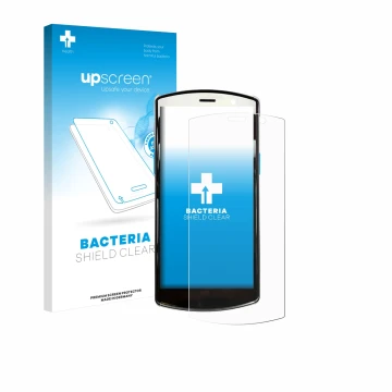 Parte frontal de un envase de producto con el logotipo de la marca upscreen. Al lado se muestra el dispositivo Unitech EA510 c