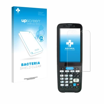 Parte frontal de un envase de producto con el logotipo de la marca upscreen. Al lado se muestra el dispositivo Unitech HT330 c