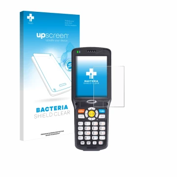 Parte frontal de un envase de producto con el logotipo de la marca upscreen. Al lado se muestra el dispositivo Unitech HT510 c