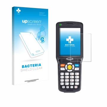 Parte frontal de un envase de producto con el logotipo de la marca upscreen. Al lado se muestra el dispositivo Unitech HT510A 