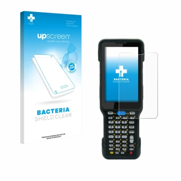 Parte frontal de un envase de producto con el logotipo de la marca upscreen. Al lado se muestra el dispositivo Unitech HT730 c