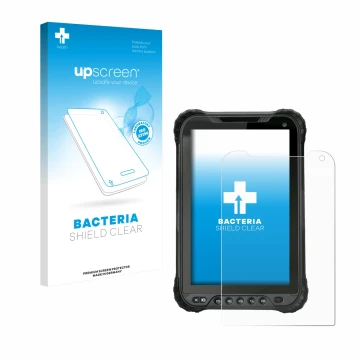Parte frontal de un envase de producto con el logotipo de la marca upscreen. Al lado se muestra el dispositivo Unitech TB85 co