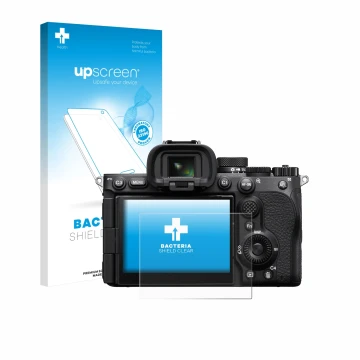 Parte frontal de un envase de producto con el logotipo de la marca upscreen. Al lado se muestra el dispositivo Sony Alpha 7 V 