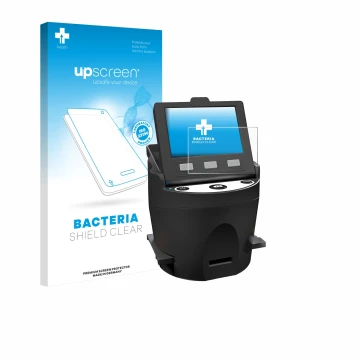 Parte frontal de un envase de producto con el logotipo de la marca upscreen. Al lado se muestra el dispositivo Kodak SCANZA co