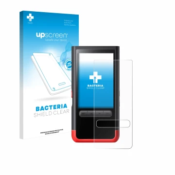 Parte frontal de un envase de producto con el logotipo de la marca upscreen. Al lado se muestra el dispositivo ThermoMaven P2 