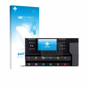 Parte frontal de un envase de producto con el logotipo de la marca upscreen. Al lado se muestra el dispositivo Line 6 Helix St