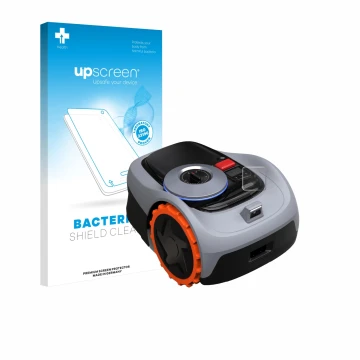 Parte frontal de un envase de producto con el logotipo de la marca upscreen. Al lado se muestra el dispositivo Navimow i105E+ 