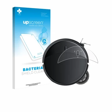 Parte frontal de un envase de producto con el logotipo de la marca upscreen. Al lado se muestra el dispositivo Roborock Saros 