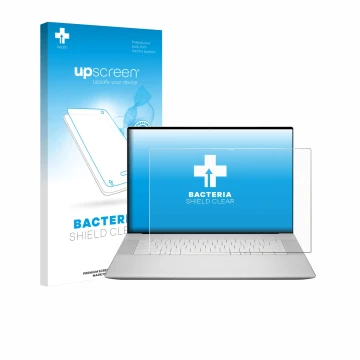 Parte frontal de un envase de producto con el logotipo de la marca upscreen. Al lado se muestra el dispositivo Dell 16 Premium