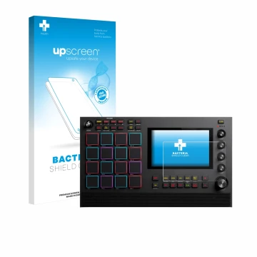 Parte frontal de un envase de producto con el logotipo de la marca upscreen. Al lado se muestra el dispositivo Akai MPC Live I