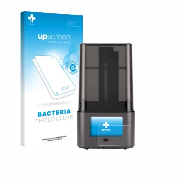 Parte frontal de un envase de producto con el logotipo de la marca upscreen. Al lado se muestra el dispositivo Anycubic Photon