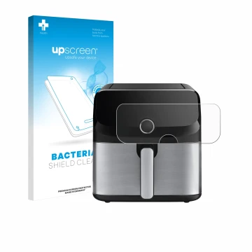 Parte frontal de un envase de producto con el logotipo de la marca upscreen. Al lado se muestra el dispositivo Tefal Easy Fry 