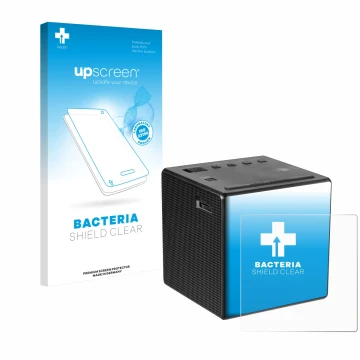 Parte frontal de un envase de producto con el logotipo de la marca upscreen. Al lado se muestra el dispositivo Sony ICF-C1 con