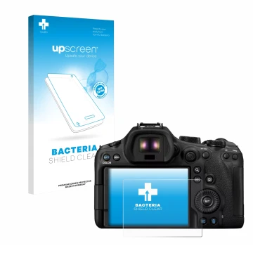 Parte frontal de un envase de producto con el logotipo de la marca upscreen. Al lado se muestra el dispositivo Canon EOS R6 Ma