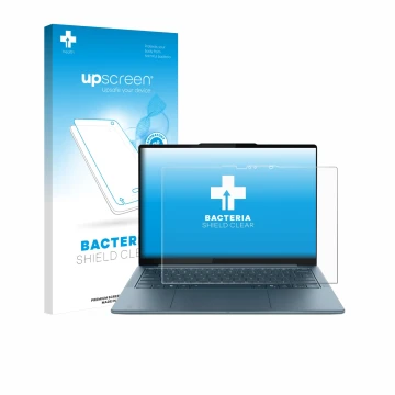 Parte frontal de un envase de producto con el logotipo de la marca upscreen. Al lado se muestra el dispositivo Lenovo Yoga Sli