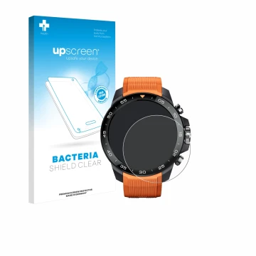 Parte frontal de un envase de producto con el logotipo de la marca upscreen. Al lado se muestra el dispositivo Xiaomi Mibro GS