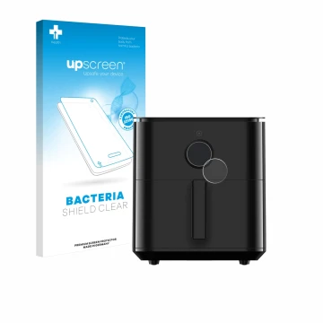 Parte frontal de un envase de producto con el logotipo de la marca upscreen. Al lado se muestra el dispositivo Xiaomi Air Frye