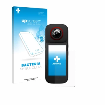 Parte frontal de un envase de producto con el logotipo de la marca upscreen. Al lado se muestra el dispositivo Labpano PanoX V