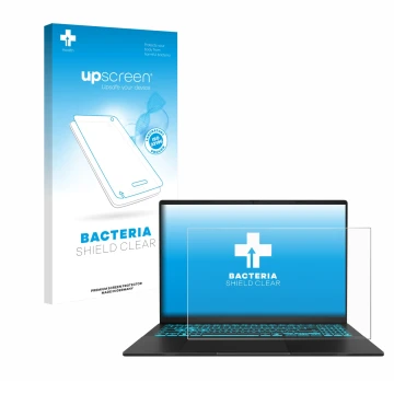 Parte frontal de un envase de producto con el logotipo de la marca upscreen. Al lado se muestra el dispositivo ASUS V16 V3607 