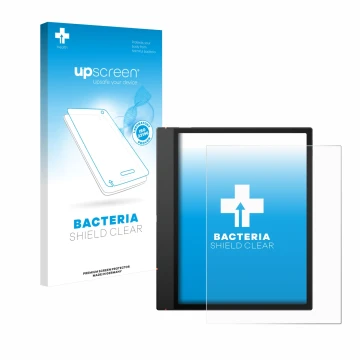 Parte frontal de un envase de producto con el logotipo de la marca upscreen. Al lado se muestra el dispositivo Boox Note Air 5