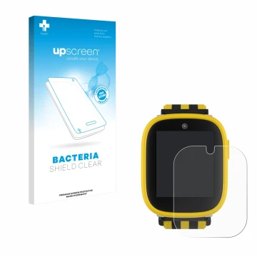 Parte frontal de un envase de producto con el logotipo de la marca upscreen. Al lado se muestra el dispositivo Xplora X6 Play 