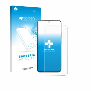 Parte frontal de un envase de producto con el logotipo de la marca upscreen. Al lado se muestra el dispositivo Honor X70 con s