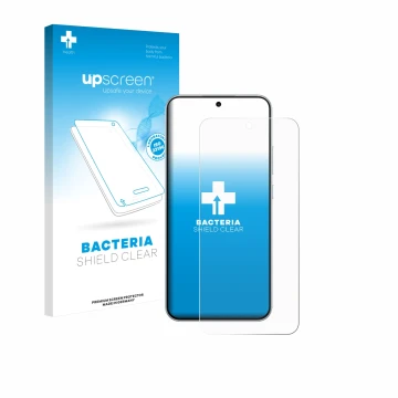 Parte frontal de un envase de producto con el logotipo de la marca upscreen. Al lado se muestra el dispositivo Oppo A6 Pro con