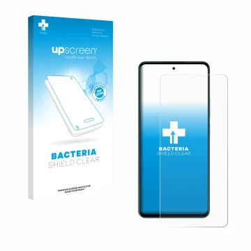 Parte frontal de un envase de producto con el logotipo de la marca upscreen. Al lado se muestra el dispositivo Oppo A5 con su 