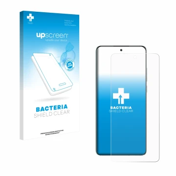 Parte frontal de un envase de producto con el logotipo de la marca upscreen. Al lado se muestra el dispositivo Oppo K13 con su