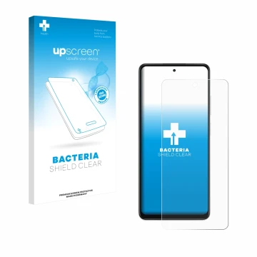 Parte frontal de un envase de producto con el logotipo de la marca upscreen. Al lado se muestra el dispositivo Oppo A5x con su
