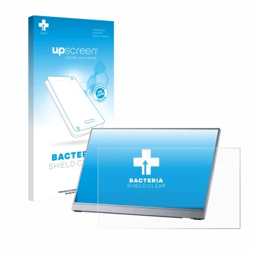 Parte frontal de un envase de producto con el logotipo de la marca upscreen. Al lado se muestra el dispositivo Arzopa Z3FC 16.
