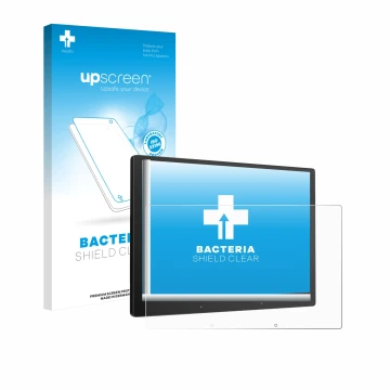 Parte frontal de un envase de producto con el logotipo de la marca upscreen. Al lado se muestra el dispositivo Atoto X10 10