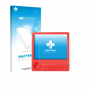 Parte frontal de un envase de producto con el logotipo de la marca upscreen. Al lado se muestra el dispositivo PicPak E-Ink Di