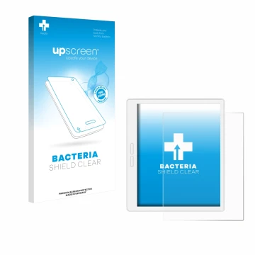 Parte frontal de un envase de producto con el logotipo de la marca upscreen. Al lado se muestra el dispositivo Bigme B751C-S c