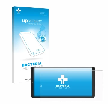 Parte frontal de un envase de producto con el logotipo de la marca upscreen. Al lado se muestra el dispositivo Shelly Wall Dis
