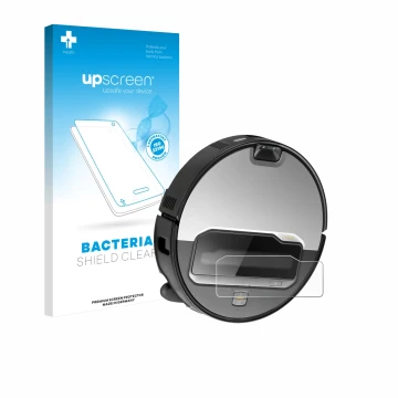 Parte frontal de un envase de producto con el logotipo de la marca upscreen. Al lado se muestra el dispositivo Roborock Saros 