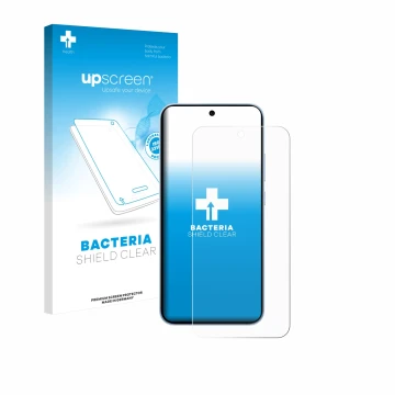 Parte frontal de un envase de producto con el logotipo de la marca upscreen. Al lado se muestra el dispositivo Oppo Reno 15 FS