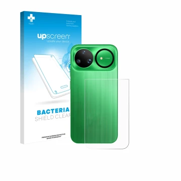 Parte frontal de un envase de producto con el logotipo de la marca upscreen. Al lado se muestra el dispositivo Huawei Nova 15 