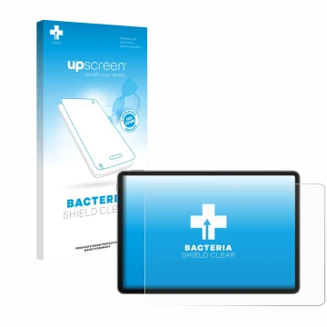 Parte frontal de un envase de producto con el logotipo de la marca upscreen. Al lado se muestra el dispositivo Huawei MatePad 