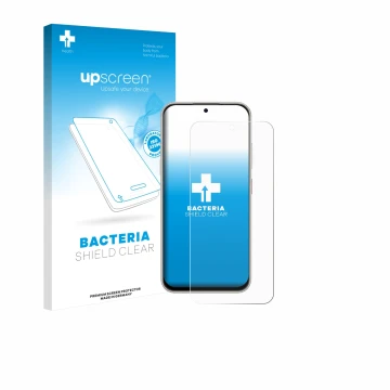 Parte frontal de un envase de producto con el logotipo de la marca upscreen. Al lado se muestra el dispositivo Nubia V80 Pro c