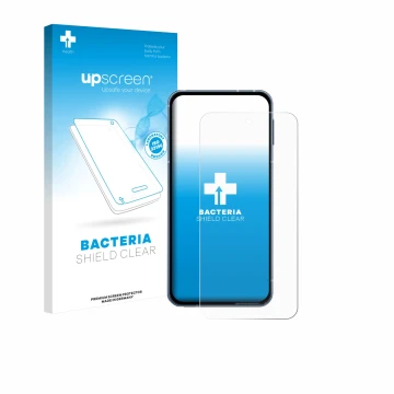 Parte frontal de un envase de producto con el logotipo de la marca upscreen. Al lado se muestra el dispositivo Sharp Aquos Sen